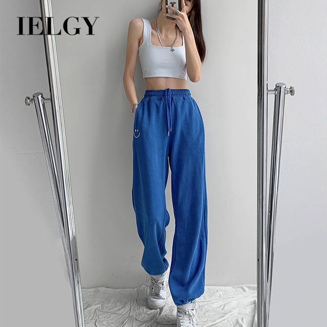 Quần thể thao IELGY lưng cao ống rộng màu xanh dương phối dây rút phong cách thời trang mùa hè cho nữ