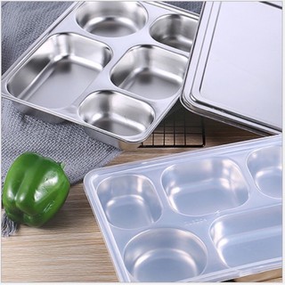 Bộ khay cơm phần inox 5 ngăn cao cấp kèm nắp đậy 28x22x4cm