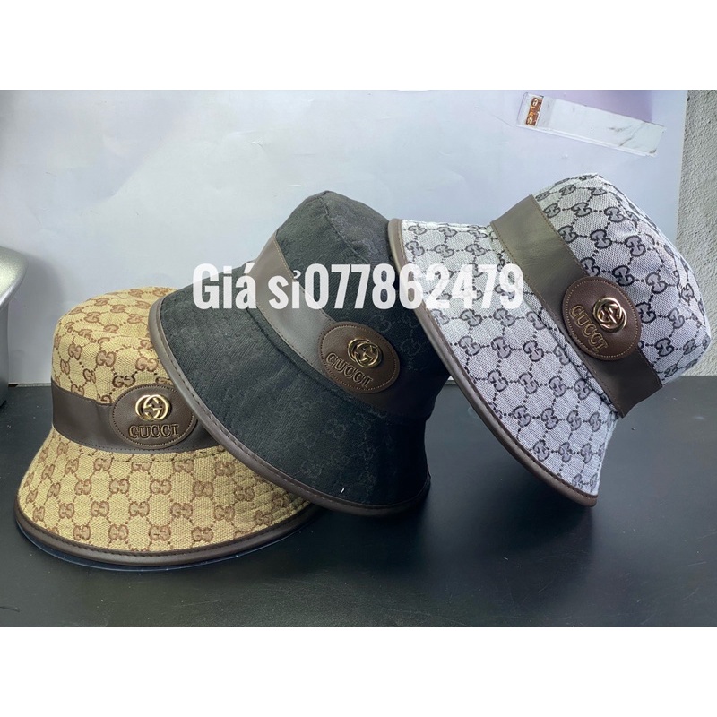 mũ vành Gu xì nữ - Nón bucket đai nâu logo sắt G (G) thêu chữ nhỏ sành điệu thời trang nữ
