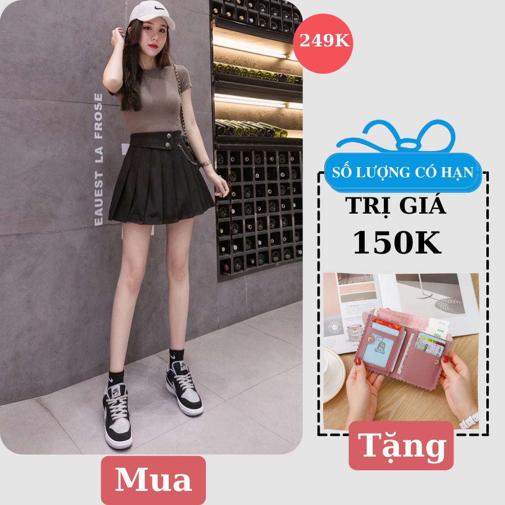 Chân Váy Đen Xếp Ly Kèm Dây Xích Cá Tính Cao Cấp Loại 1 Freeship,Chân Váy Xếp Li Ngắn Lưng Cao Thời Trang Của Châu Á