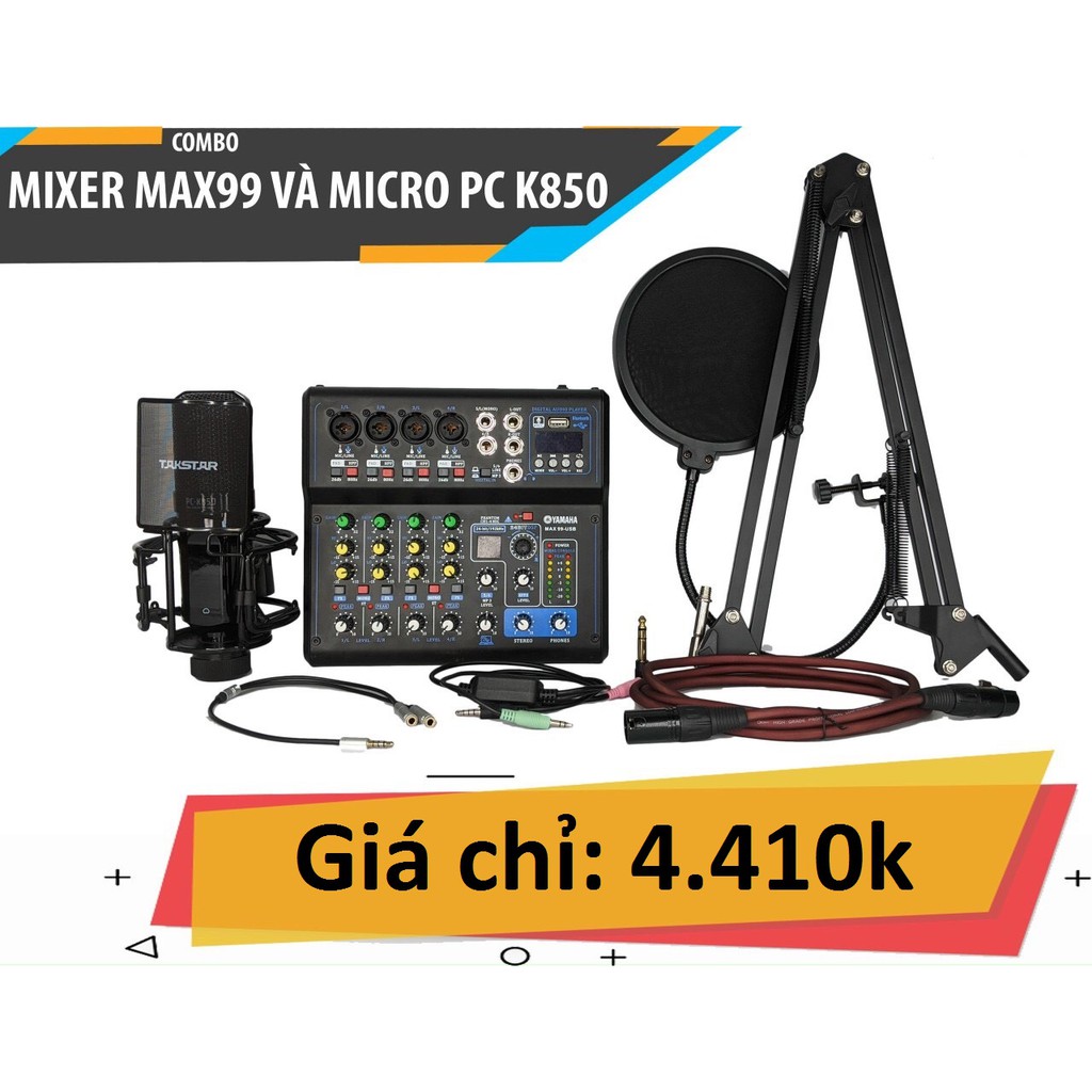 Combo livestream thu âm hàng khủng vip mixer Max 99 kết hợp Micro PC K850 - Tặng full dây nối phụ kiện