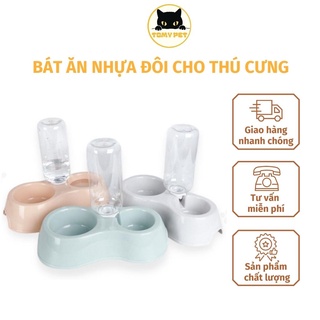 Bát nhựa đôi đựng thức ăn kèm bình nước cho chó mèo, chén nhựa đôi cho thú cưng