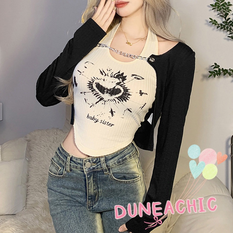 DUNEA Áo Tank Top Tay Dài In Họa Tiết Nghệ Thuật Thời Trang Cho Nữ