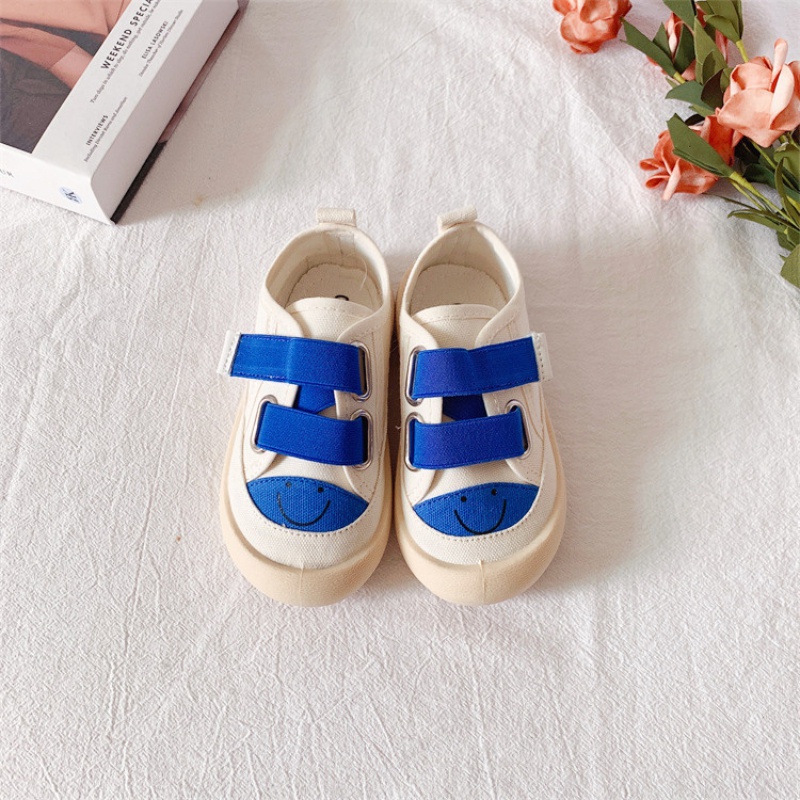 Giày Thể Thao Vải Canvas Khóa Dán Họa Tiết Mặt Cười Hoạt Hình Dễ Thương Cho Bé