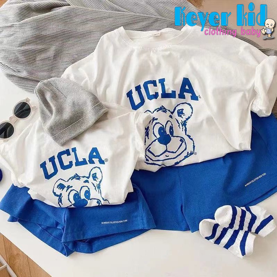 Bộ quần áo cộc tay bé trai KEYER KIDS chất cotton trẻ em (6 tháng - 5 tuổi) hình in đẹp gấu UCLA đáng yêu SZ38