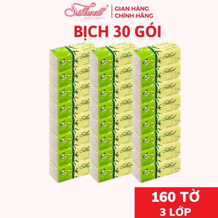 Combo 30 Giấy ăn gấu trúc Silkwell 160 tờ 3 lớp, khăn giấy gấu trúc siêu dai không tẩy trắng hàng chính hãng