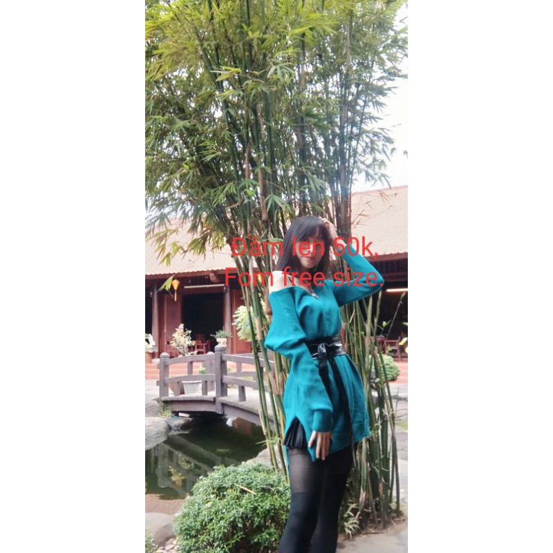Đầm len xẻ tà dài tay.