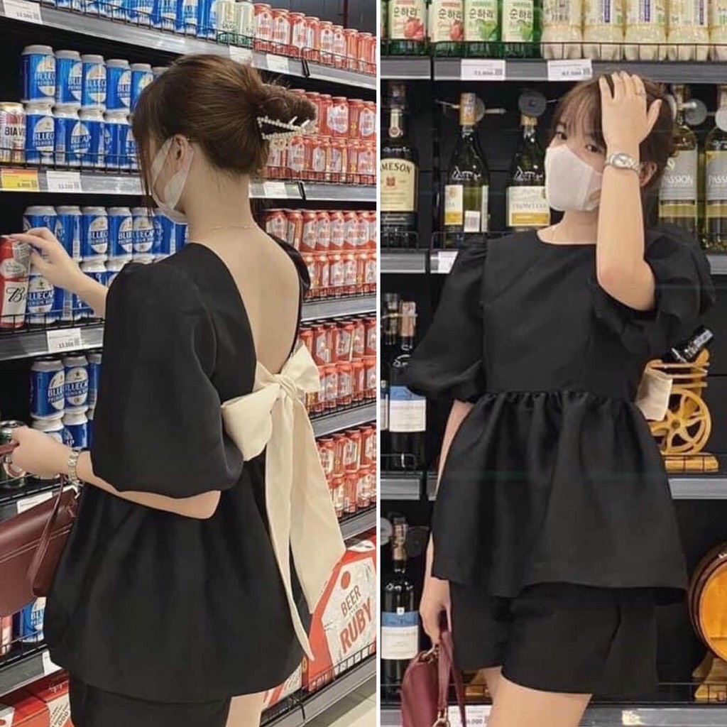 Sét Đồ Baby Doll Cổ Tròn Nơ Lưng To Tay Phồng Siêu Bánh Bèo Điệu Đà
