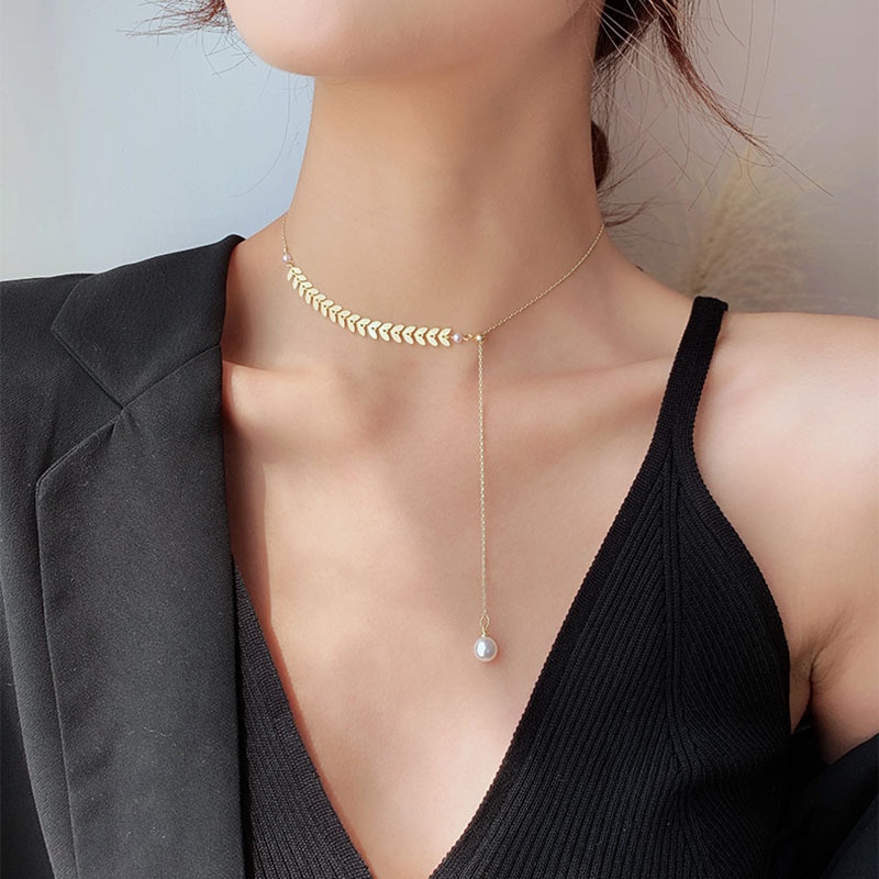 Korean Temperament Simple Wheat Ear Pearl Tassel Necklace Personality Cold Wind Adjustable Net Red Clavicle Chain Pendant