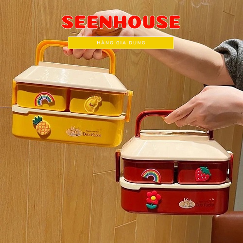Hộp đựng cơm giữ nhiệt 2 tầng Bento cute, Kèm Thìa Dĩa, Xách Qoai