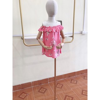 Váy lanh 3 lỗ rớt vai mặc nhà bé gái màu hồng hoạ tiết chùm hoa