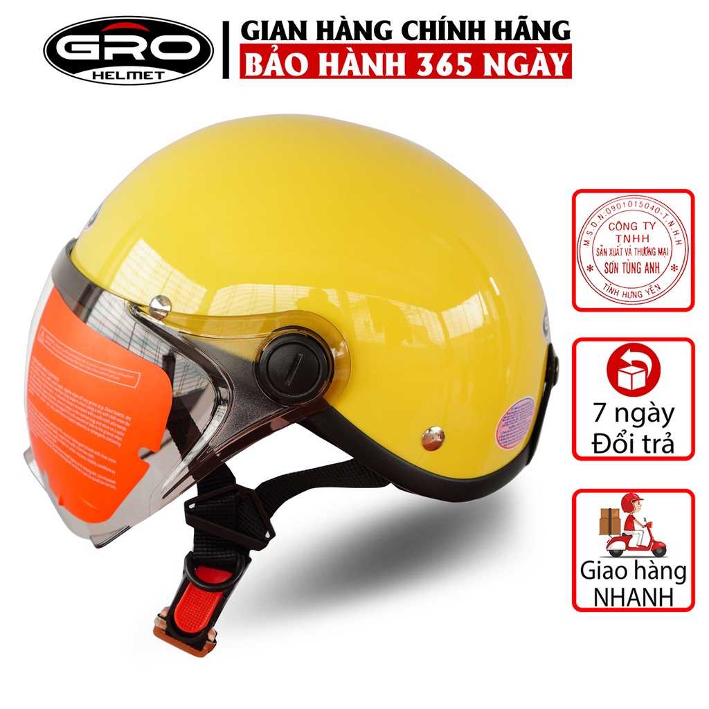 Mũ Bảo Hiểm Nửa Đầu GRO Helmet có kính che nửa mặt, kiểu dáng thời trang, khóa kim loại chắc chắn - Vàng Bóng
