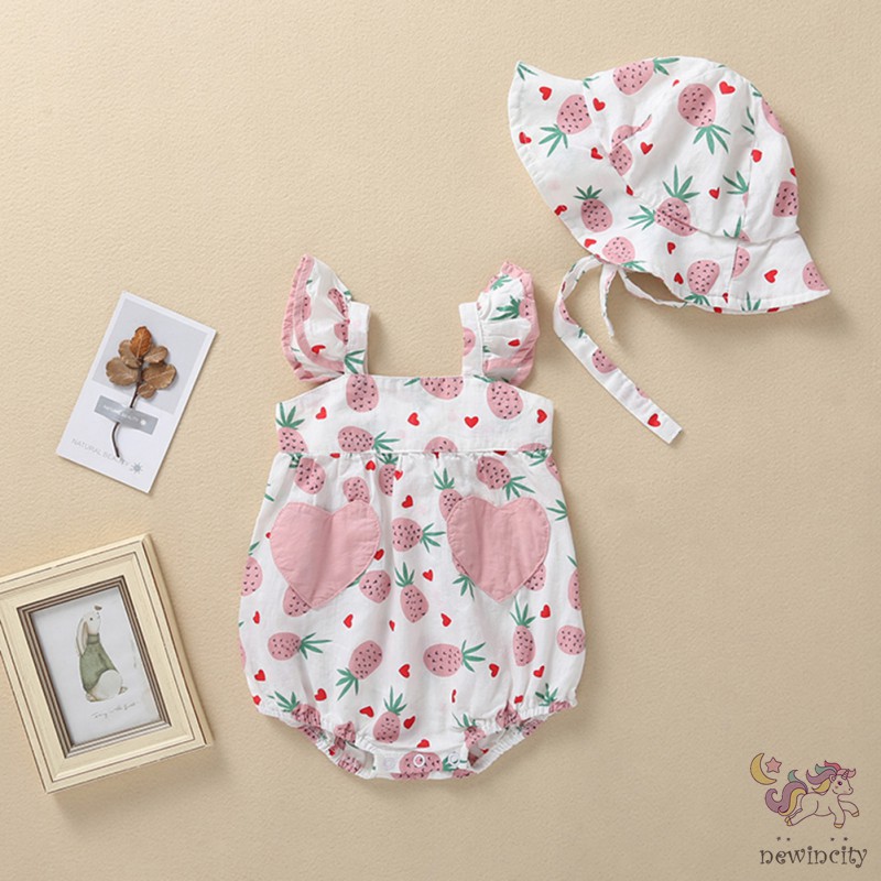 Trang phục jumpsuit tay loe họa tiết quả dứa + nón cho bé gái
