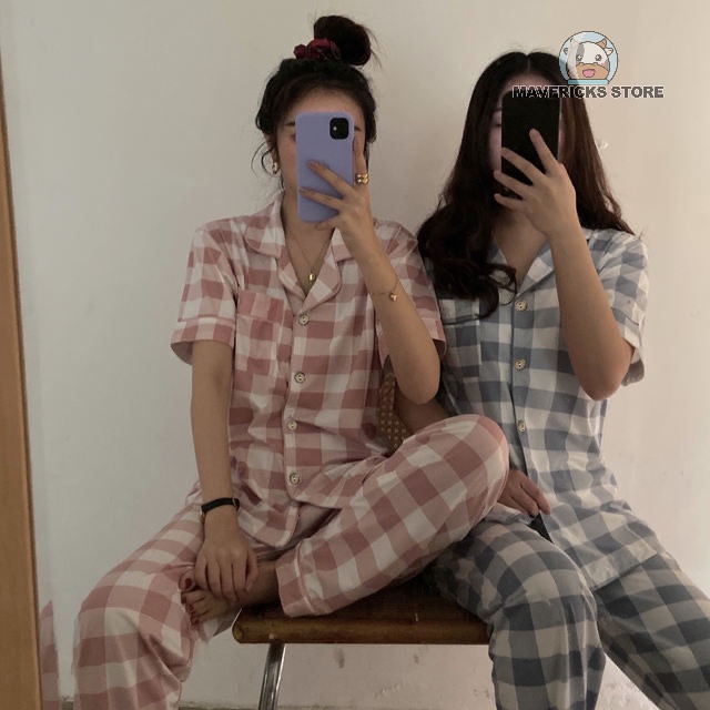 Bộ đồ ngủ dáng rộng hoa văn kẻ ô dễ thương thời trang mùa xuân hè cho nữ