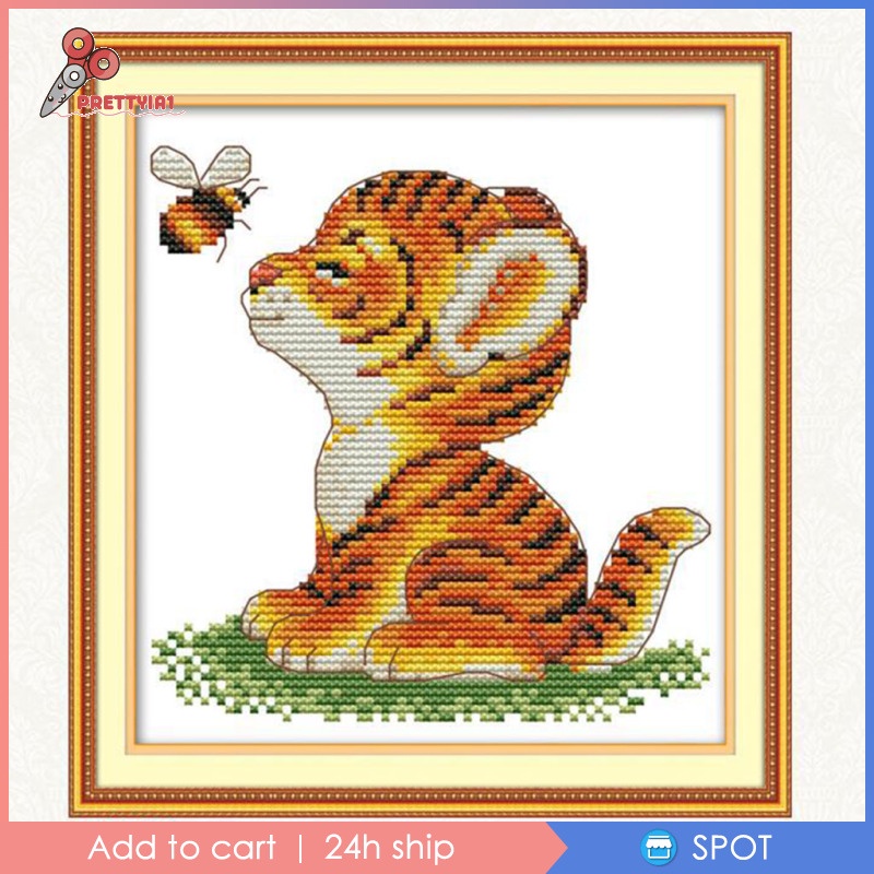[Prettyia1] Bộ Tranh Thêu Chữ Thập Hình Hổ / Ong Hoạt Hình 11CT 23x24cm