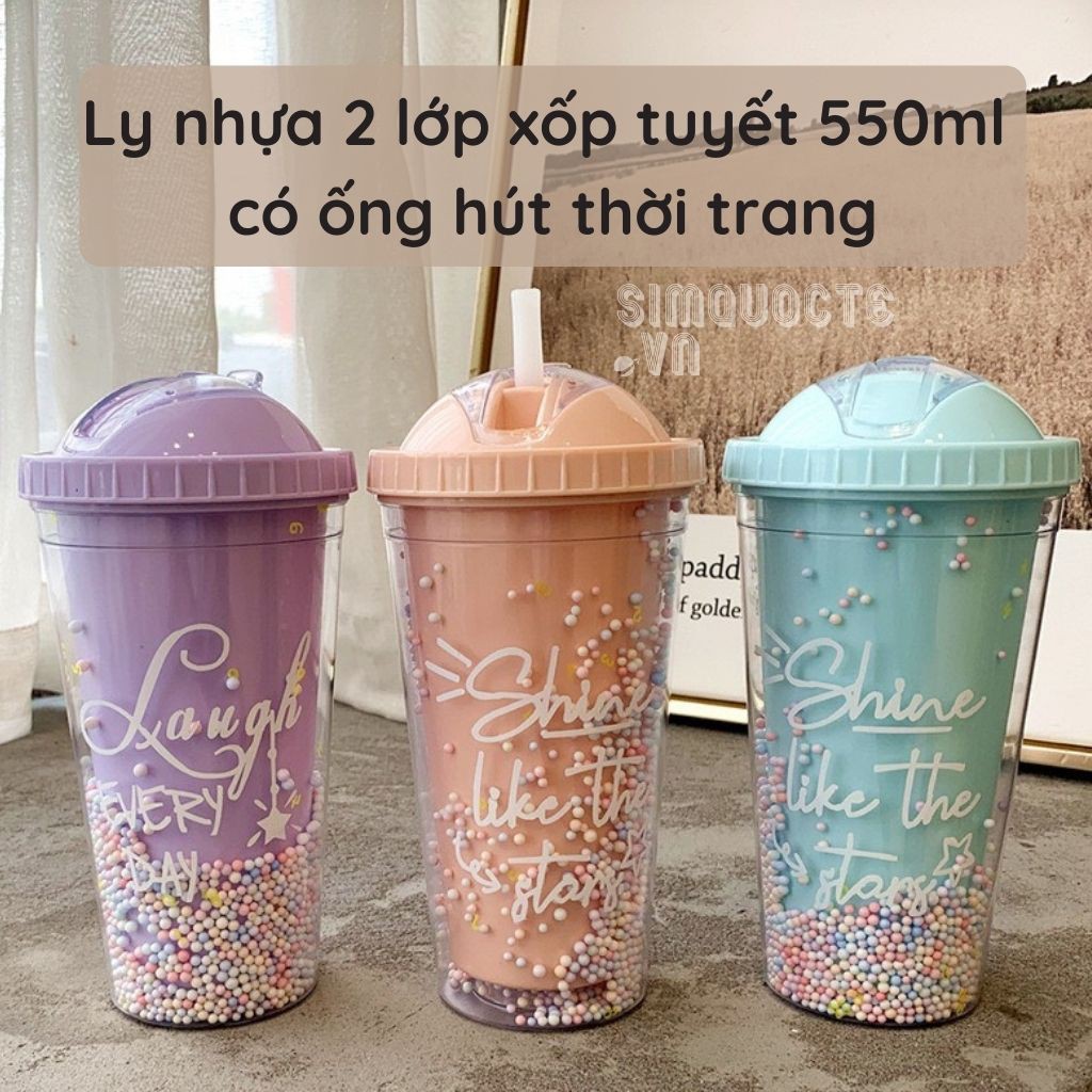 Ly nhựa 2 lớp xốp tuyết 550ml có ống hút