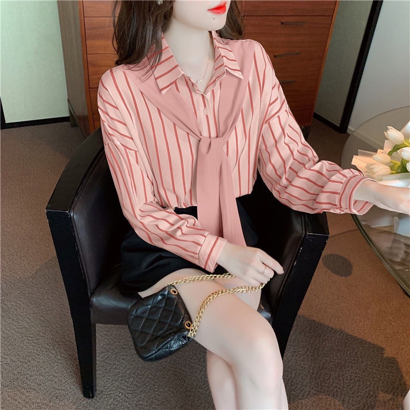 Áo Sơ Mi Tay Dài Dáng Rộng Họa Tiết Kẻ Sọc Phong Cách retro Hong Kong Thời Trang Mùa Thu Mới Cho Nữ