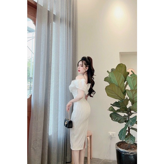Đầm Dự Tiệc Trễ Vai Phồng Đính Ngọc, Váy Thiết Kế Cao Cấp Đính Ngọc Ôm body Dáng Dài