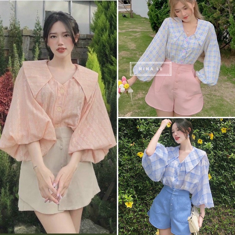 sẵn SET ÁO SƠ MI XÔ TAY PHỒNG HOẠ TIẾT NỔI + CHÂN VÁY KEM NÚT ( về màu mới )