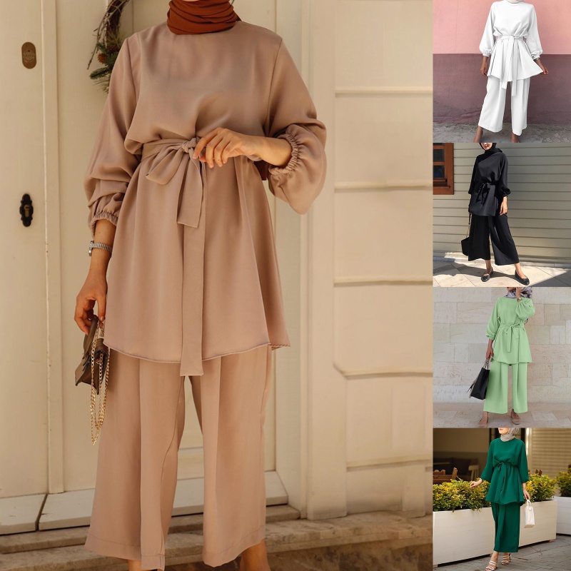 Bộ Trang Phục 2 Mảnh Gồm Áo Tay Dài Và Quần ống rộng Màu Sắc Trơn Cho Phụ Nữ Hồi Giáo