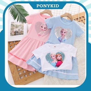Váy Elsa ngắn tay chất cotton đính Sequin lấp lánh cho bé gái