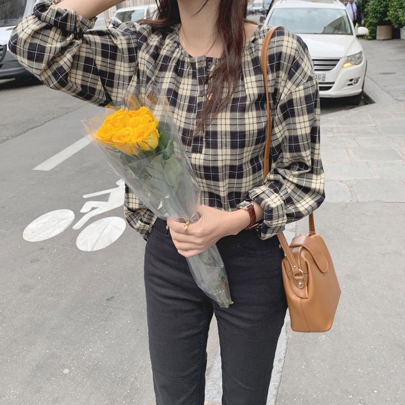 Áo kiểu tay dài họa tiết sọc caro phong cách retro thời trang Hàn Quốc