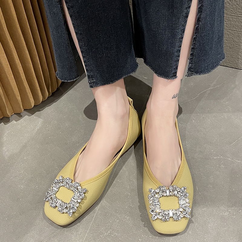 Giày Búp Bê Da Đế Bằng Mũi Vuông Đính Pha Lê Thời Trang Công Sở Cho Nữ