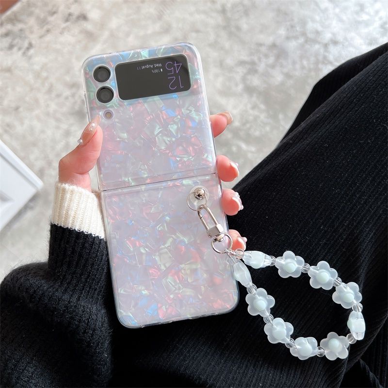 Ốp Samsung Z Flip 4 - ZFlip3 - Z Flip4 - Flip3 5G vân đá lấp lánh kèm dây đeo hạt hoa acrylic dễ thương