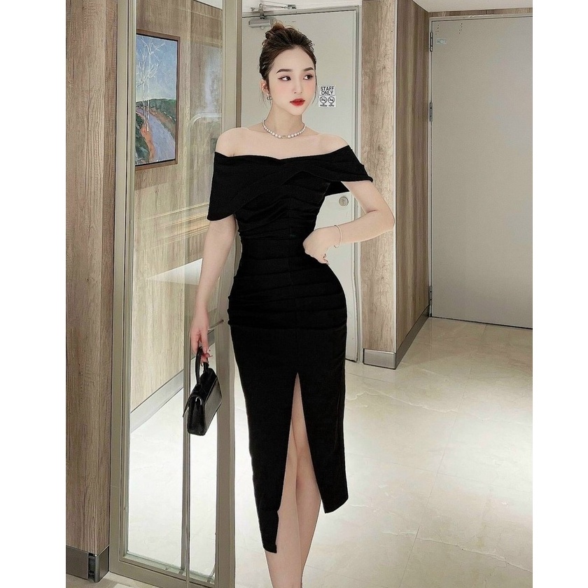 Đầm kiểu nữ trễ vai ôm body sẻ tà tay ngắn eo xếp ly có kèm mút thiết kế cho phái đẹp GKM FASHION