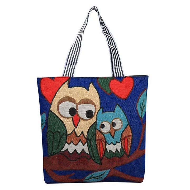 Túi Tote Vải Canvas Thêu Hình Chim Cú Mèo Thời Trang Đeo Chéo GN11-I