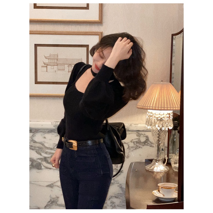 COZOK Áo sweater Tay Dài Cổ Vuông Form Ôm Phong Cách retro Hong Kong