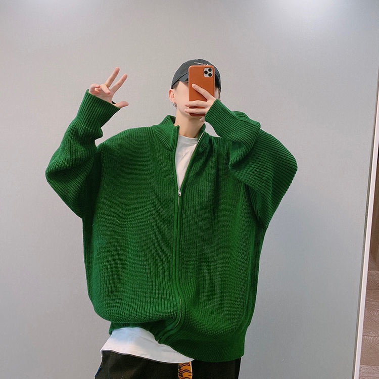 Áo cổ lọ dệt kim/ Áo khoác cardigan form rộng cổ đứng có khóa kéo thời trang đường phố cao cấp dành cho nam