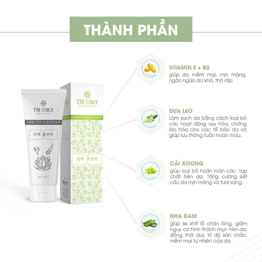 Bộ sản phẩm làm trắng và ngăn ngừa lão hoá da mặt Truesky gồm 1 serum dưỡng trắng 20ml + 1 sữa rửa mặt sữa dê 50g