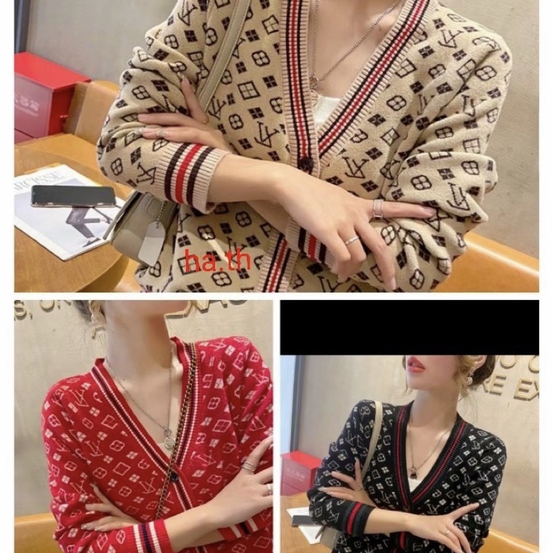 Áo khoác nữ cadigan len dài tay hoạ tiết chữ lv kèm video ảnh chụp thật tại shop