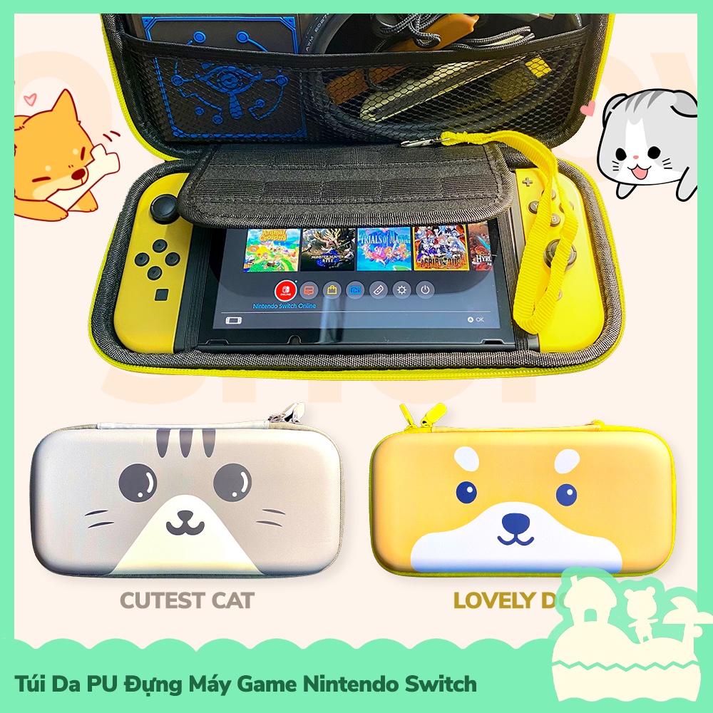 [Sẵn VN - NowShip] Túi Đựng Máy Game Cầm Tay Da PU Nintendo Switch Cute Cat &amp; Dog