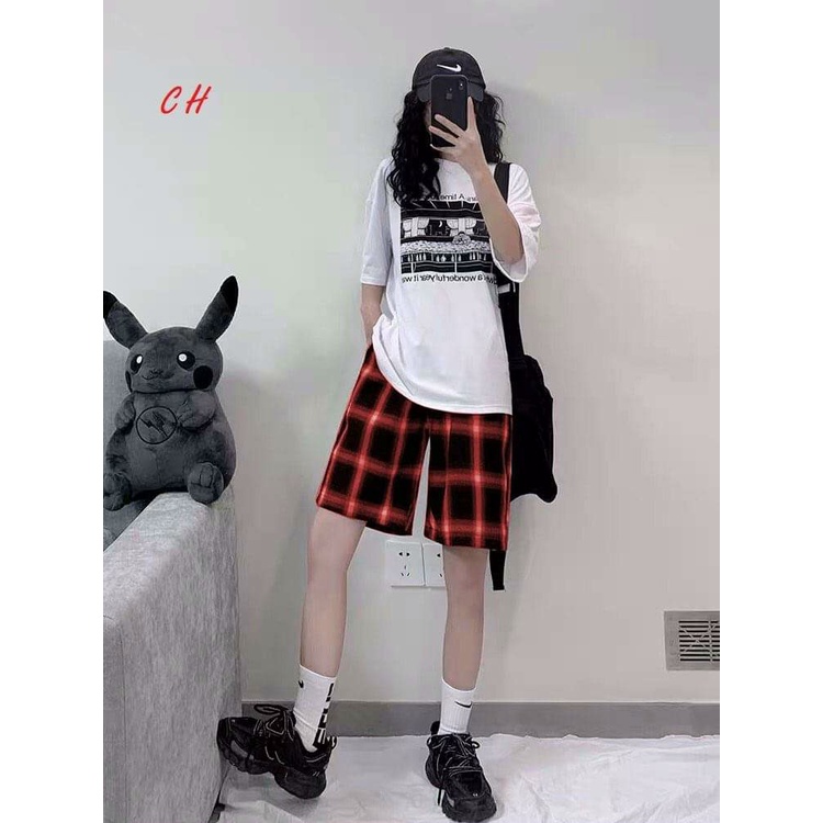 sét áo thun nam nữ in truyện tranh + quần đùi kẻ caro CH04