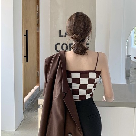 QADCOL Áo hai dây dệt kim dáng ôm họa tiết kẻ sọc phong cách retro cho nữ