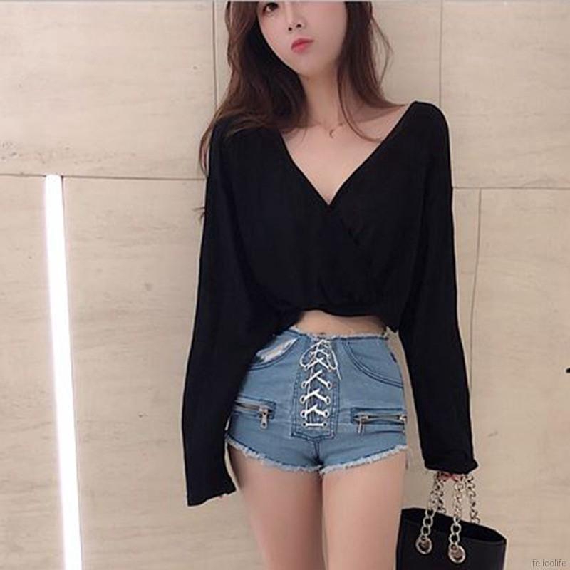 Áo croptop cho nữ cổ V tay dài suông màu kiểu dáng hợp thời trang