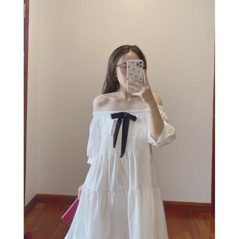 Đầm Trắng Cổ Vuông Nơ Cài,Váy Nữ Cộc Tay Nơ Đen Dáng Xòe Hàng QC Loại 1 SIÊU HOT | BigBuy360 - bigbuy360.vn