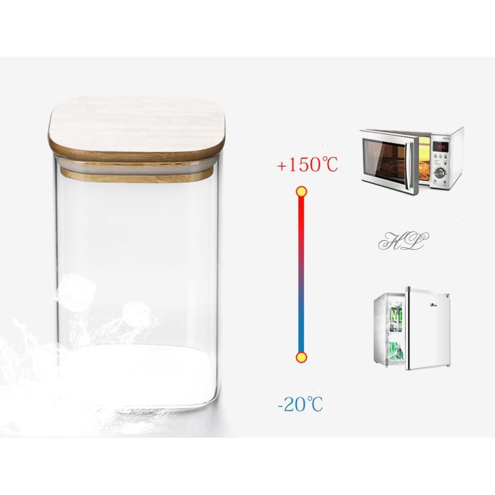 (hàng hot) Hũ Thủy Tinh Vuông Nắp Gỗ Tre Kín Hơi Đựng Thực Phẩm, Gia Vị Tiện Dụng