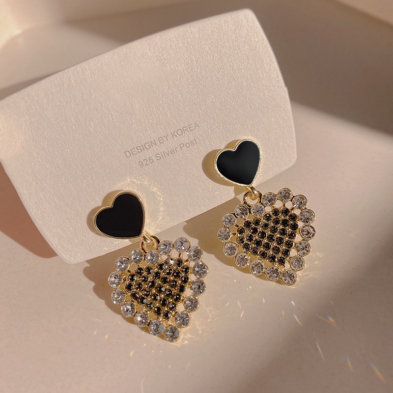 Bông Tai Hình Trái Tim Đen Đính Đá S925 Thời Trang 2022 Cho Nữ