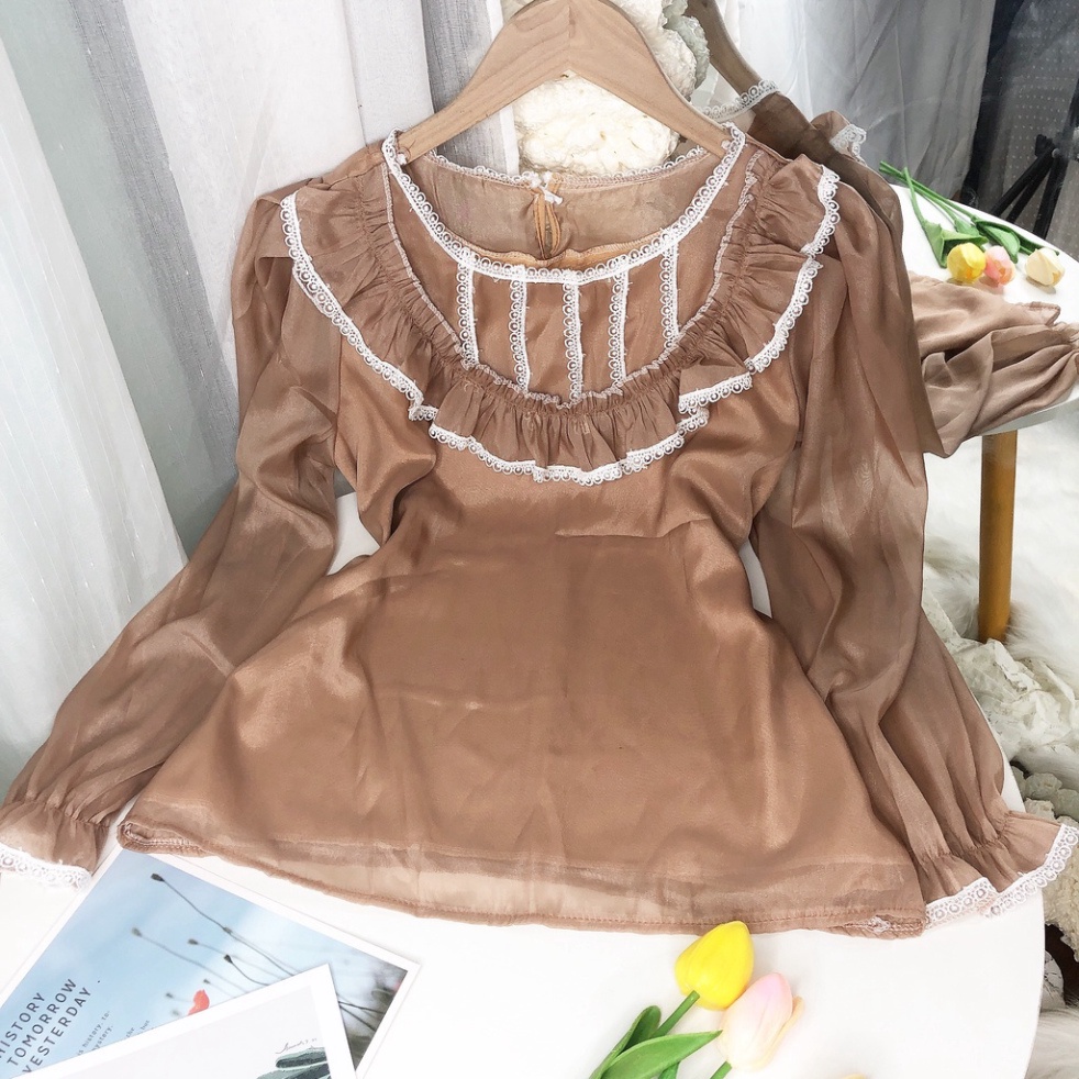 Áo sơ mi nữ kiểu tiêu thư chất voan cổ phối ren tầng xinh xắn mã A62-Ảnh thật tự chụp