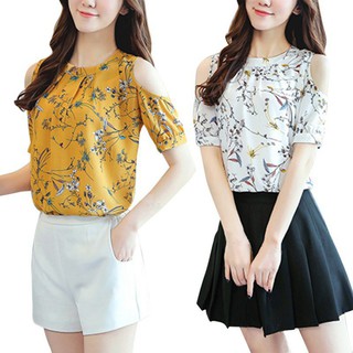 Áo voan cổ tròn hở vai họa tiết hoa nhỏ xinh xắn thời trang nữ