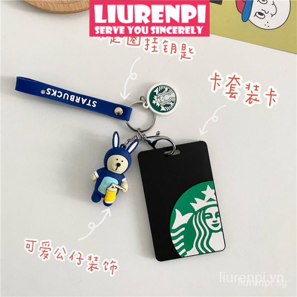 Bao đựng thẻ học sinh/xe bus in hình Starbucks gắn móc khóa kim loại tiện dụng card holder