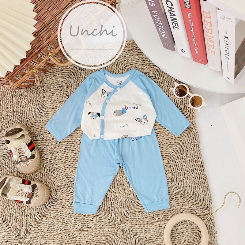 Bộ Quần Áo Dài Tay Thun Lạnh Pha Tay Cúc Lệch Unchi Cho Bé 3-10Kg