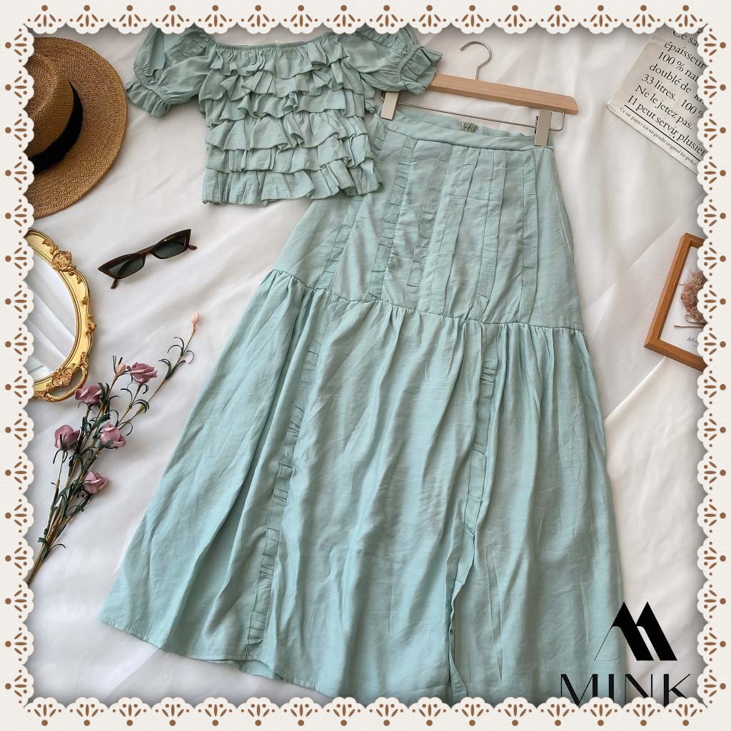 [HÀNG THIẾT KẾ] Set Áo Trễ Vai Tầng + Chân Váy Maxi - Chất Liệu Thô Tơ nhập khẩu - Màu Xanh Ngọc | BigBuy360 - bigbuy360.vn
