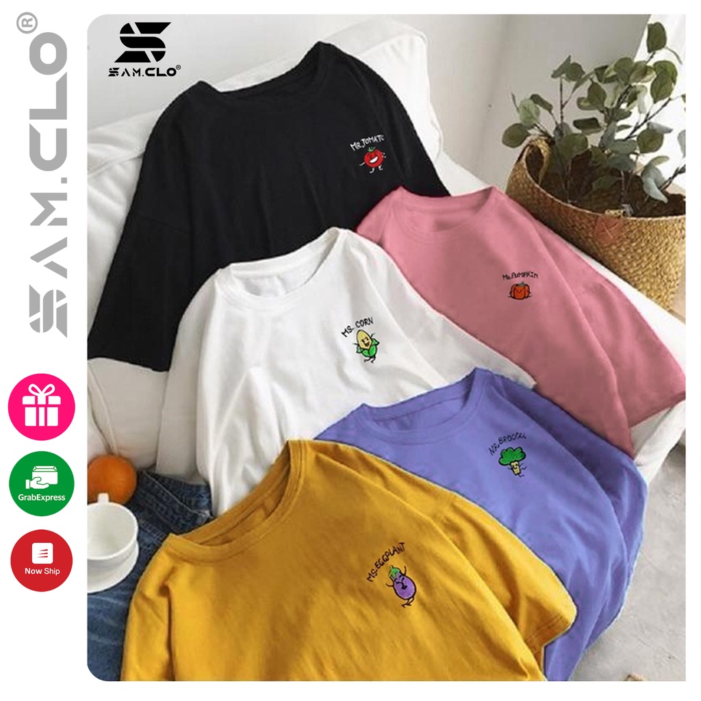 Áo thun nữ tay lỡ freesize - phông form rộng dáng Unisex, mặc lớp, nhóm, cặp, lớp thêu hình rau củ ( hình thật )