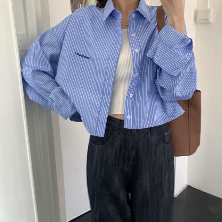 Áo sơ mi croptop tay dài kẻ sọc thêu họa tiết thời trang mùa hè xinh xắn dành cho nữ - Hàng mới về