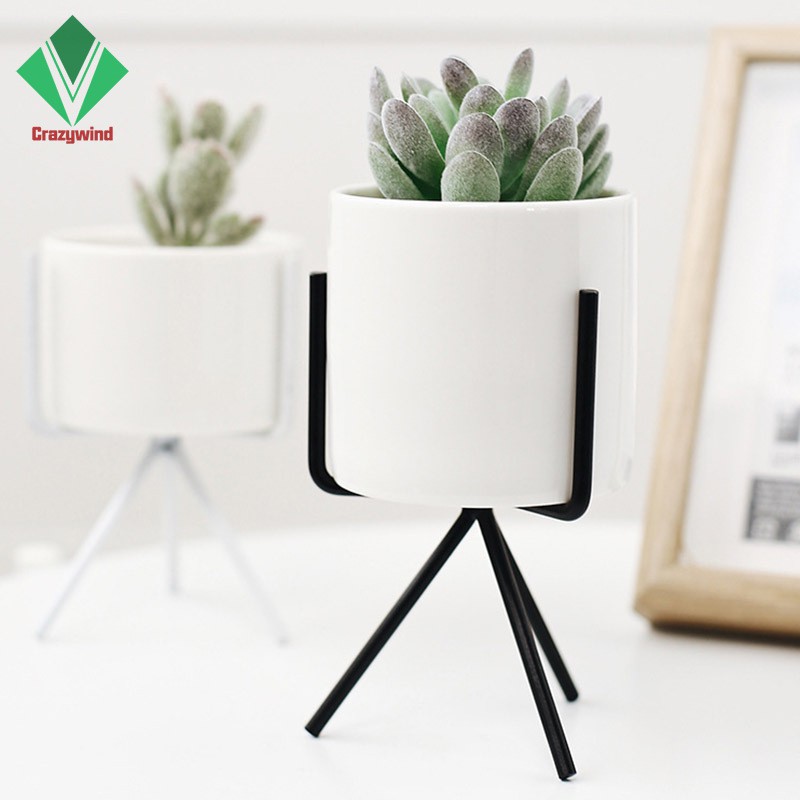 Chậu trồng cây màu trắng bằng sứ kèm chân đế bằng sắt