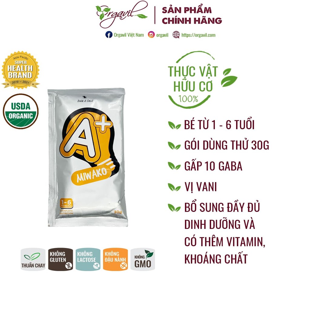 Sữa Thực Vật Hữu Cơ Gói Dùng Thử 30g Miwako A+ Vị Vani - Sữa Hữu Cơ Cho Bé Bổ Sung Khoáng Chất, Vitamin - Orgavil